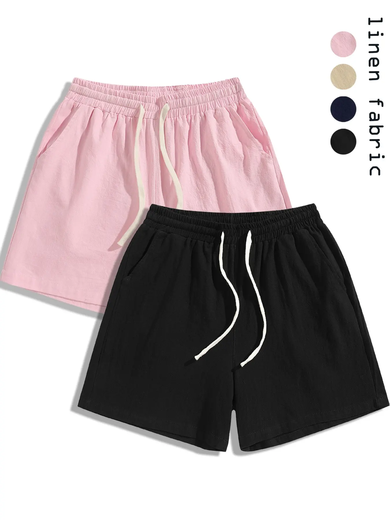 Men's Linen Shorts, Elastic Waist Drawstring Casual Slim-Fitting, Breathable Side Pockets Tropical Beach Shorts, Lightweight Men's Bottoms, Casual Tropical Style