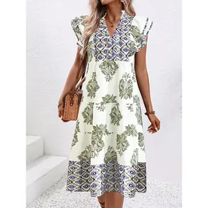 Plus Size Floral Print Flutter Sleeve Dress, Elegant Fitted Woven Fabric for Spring & Fall, Perfect for Women