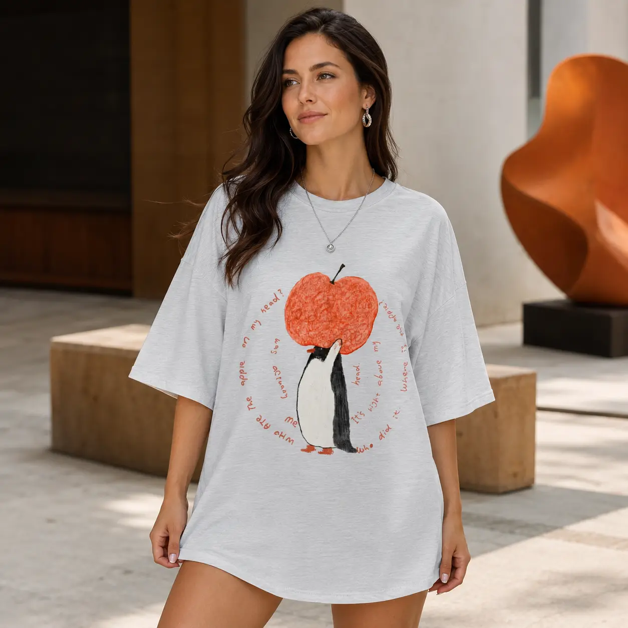 Penguin Apple Graphic T-Shirt, Cute Funny Animal Fruit Tee, Oversized Unisex Light Gray Casual Top for Men and Women