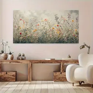 1pcs Framed Canvas Painting - Modern Embroidery Flowers and Meadow Canvas Oil Painting Artwork for Living Room Modern Canvas Poster Bedroom and Living Room Decoration