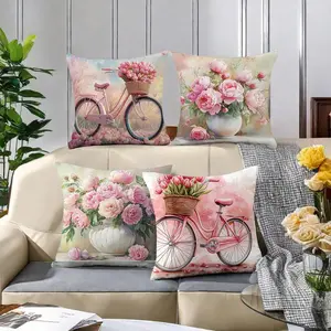 Floral & Bicycle Pattern Cushion Cover, 4 Counts Square Throw Pillow Cover, Household Decoration Supplies for Home Living Room Bedroom Sofa Couch
