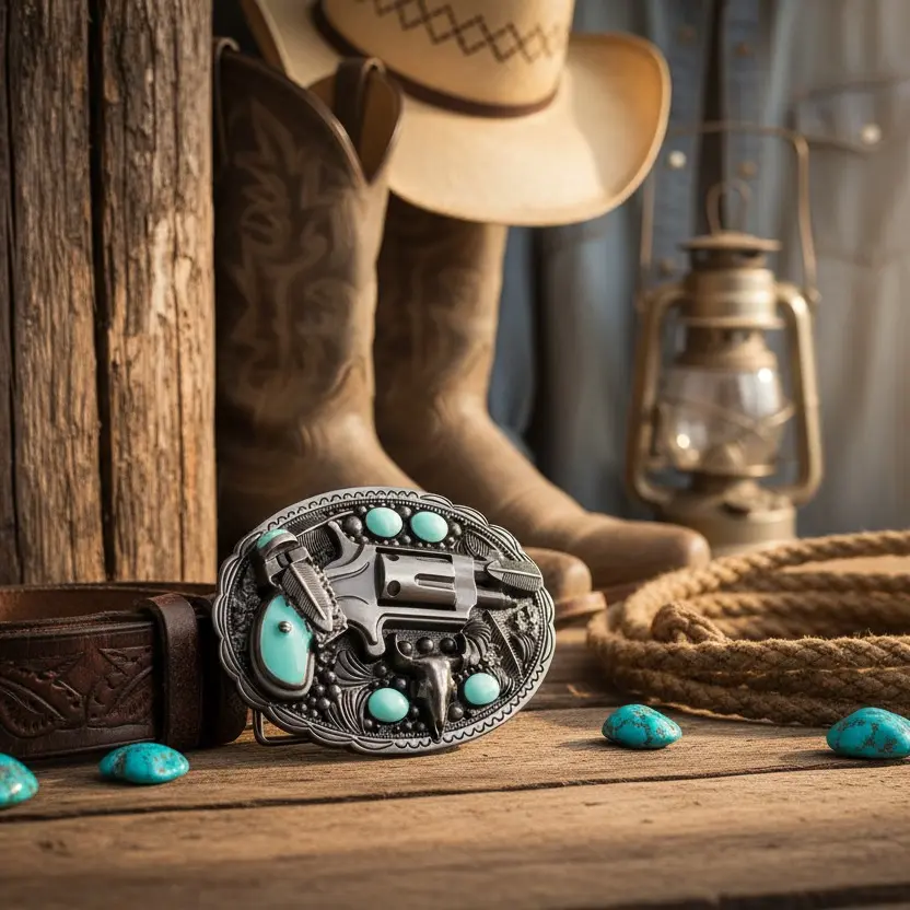 NEW Men's Western Buckle Dark Silver Revolver with Feather Bull Turquoise Blue Beads Heavy-Duty Solid Metal Alloy Belt Accessory