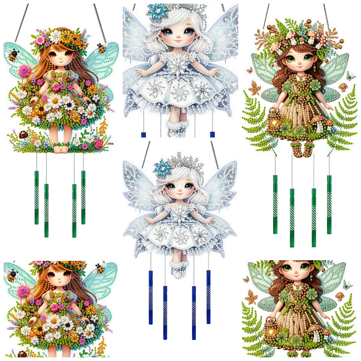 5D DIY Flower Design Diamond Sticking Hanging Wind Chime Pendant - Double-Sided Acrylic Special-Shape, 190.00x180.00x10.00mm, Rope & Aluminum Tube, Home Decor for DIY Needlework Enthusiasts, Double-Sided Pendant Wind Chime
