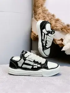 Couple Sports Athletic Skeleton Sneakers, Unisex High-Quality, Black & White Canvas Versatile Casual Trendy Footwear Shoes