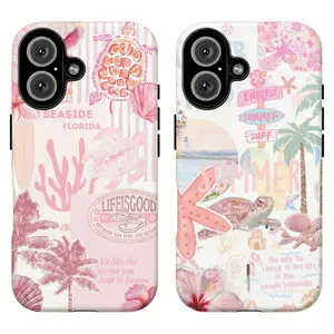 FL-Pink Pastel Summer Beach Phone Case,Sea Turtle & Palm Tree Aesthetic Protective Cover For iPhone 11 12 13 14 15 16 17 Air Pro Max for Samsung S26 S25 S24 S23 S22 S21 Case,Gift for her