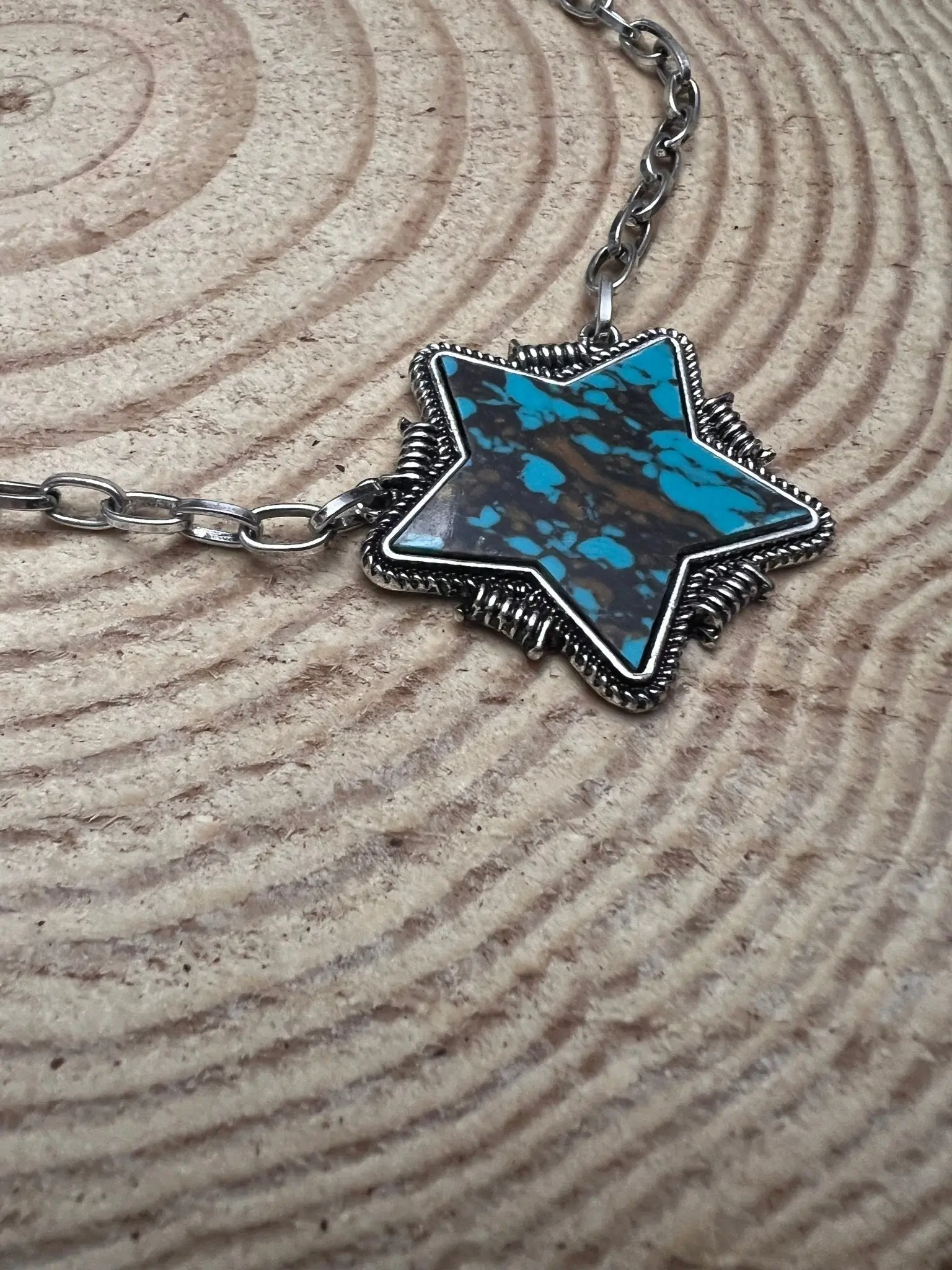 Barbed Star Western Pendant Necklace with Faux Turquoise — 18 Inch with Extender