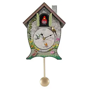 Garden Cottage Cardinal Cuckoo Wall Clock with Realistic Bird Sound & Swinging Pendulum, Rustic Decorative Home Wall Clock, Battery Operated