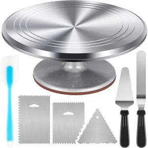 Aluminium Cake Turntable Set, Baking Tools with Revolving 12" Cake Stand for Decorating, 12.7" Offset Spatula, 3 Stainless Steel Frosting Icing Smoother, Cake Serve Cake Decorating Kit Supplies