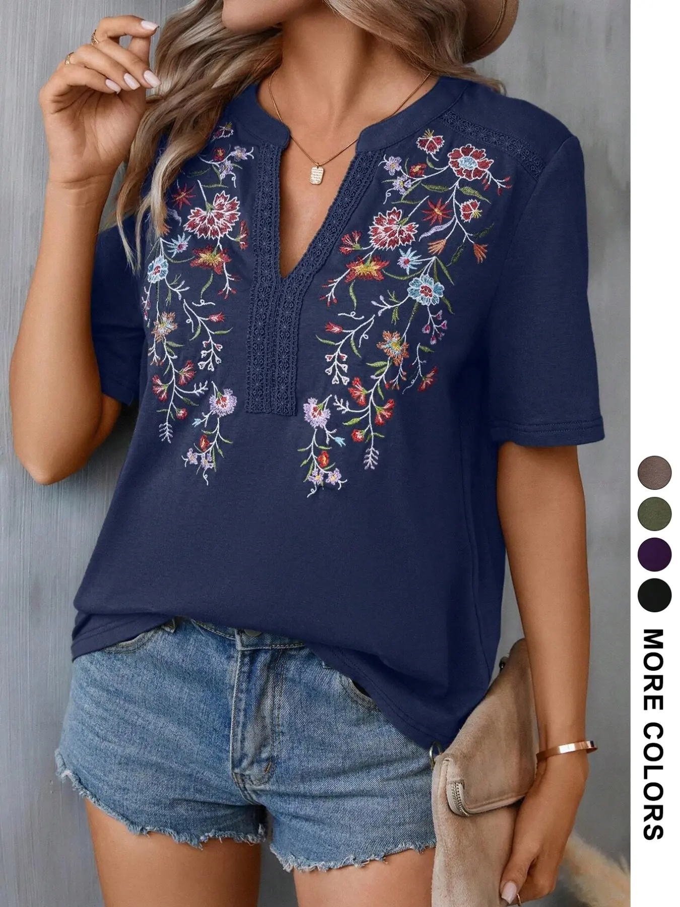 Boho Style Casual Embroidered T-Shirt, Summer New Lace Patchwork V-Neck Top, Women's Short Sleeve Slim-Fit Bohemian Fashion Tee, Clothes