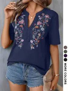 Boho Style Embroidered T-Shirt, Summer New Lace Patchwork V-Neck Top, Women's Short Sleeve Slim-Fit Fashion Tee
