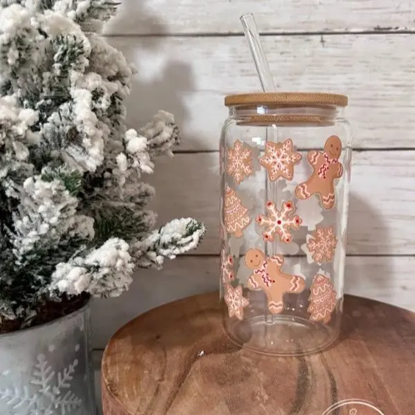 16oz Classic Gingerbread Glass Cup with Bamboo Lid for Iced Coffee