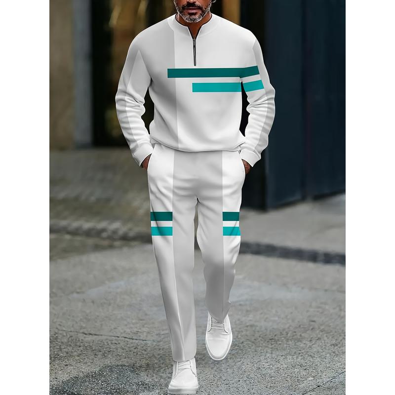 The new men's color-blocked sports suit, featuring a white half-zip sweater paired with matching trousers, is adorned with black and yellow stripes, exuding a trendy vibe. The fabric is comfortable and skin-friendly, suitable for daily commuting and casua