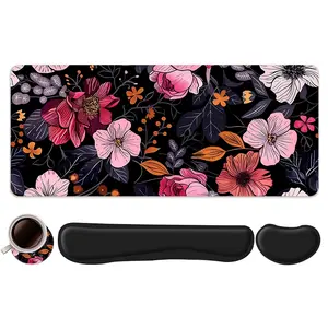 4pcs Colorful Floral Design Mouse Pad + Keyboard Wrist Rest + Ergonomic Mouse Pad + Coaster Set, Office Accessories Set with Ergonomic Wrist Support, Computer Mat for Desktop Decoration, Suitable for Home Office Gaming