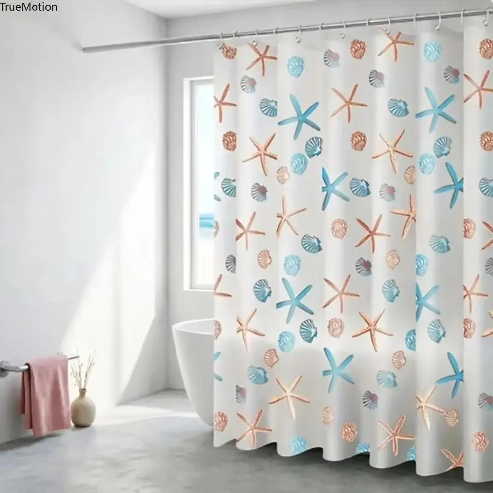 Ocean Theme Shower Curtain with Starfish & Seashell Print, Waterproof Plastic Bathroom Curtains, Quick-Dry & Mildew-Resistant