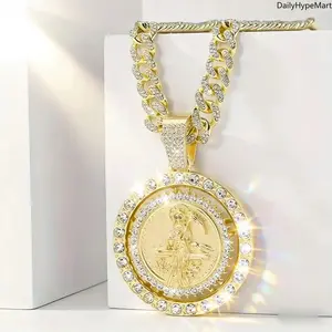 14K Gold Plated Saint Mortule Rotating Pendant Necklace, Religious Bohemian Jewelry