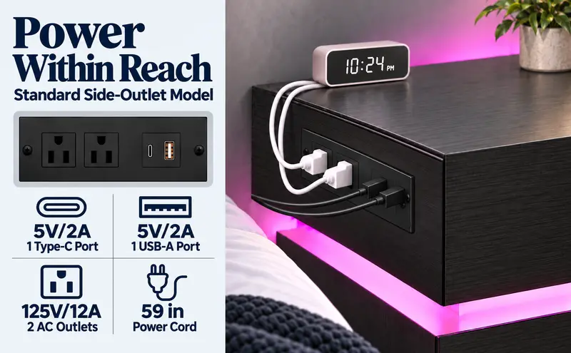 LIKIMIO Nightstand with Charging Station & LED Lights, Modern Bedside Table with 2- or 3-Drawer Options, Sliding Top, Standard Top or Lockable Top Drawer, End Table for Bedroom & Small Spaces Nightstand With Drawers