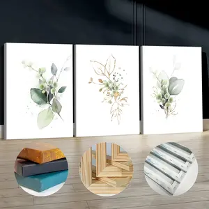 3Pcs Wooden Framed Canvas Painting, Green Eucalyptus And Gold Leaves Watercolor Painting, Exquisite Poster, Home Decoration, Pattern Wall Art Decor, For Living Room, Bedroom, Office, Restaurant, Bar Wall Decor, Waterproof, Odorless, Painting, Print Artwor