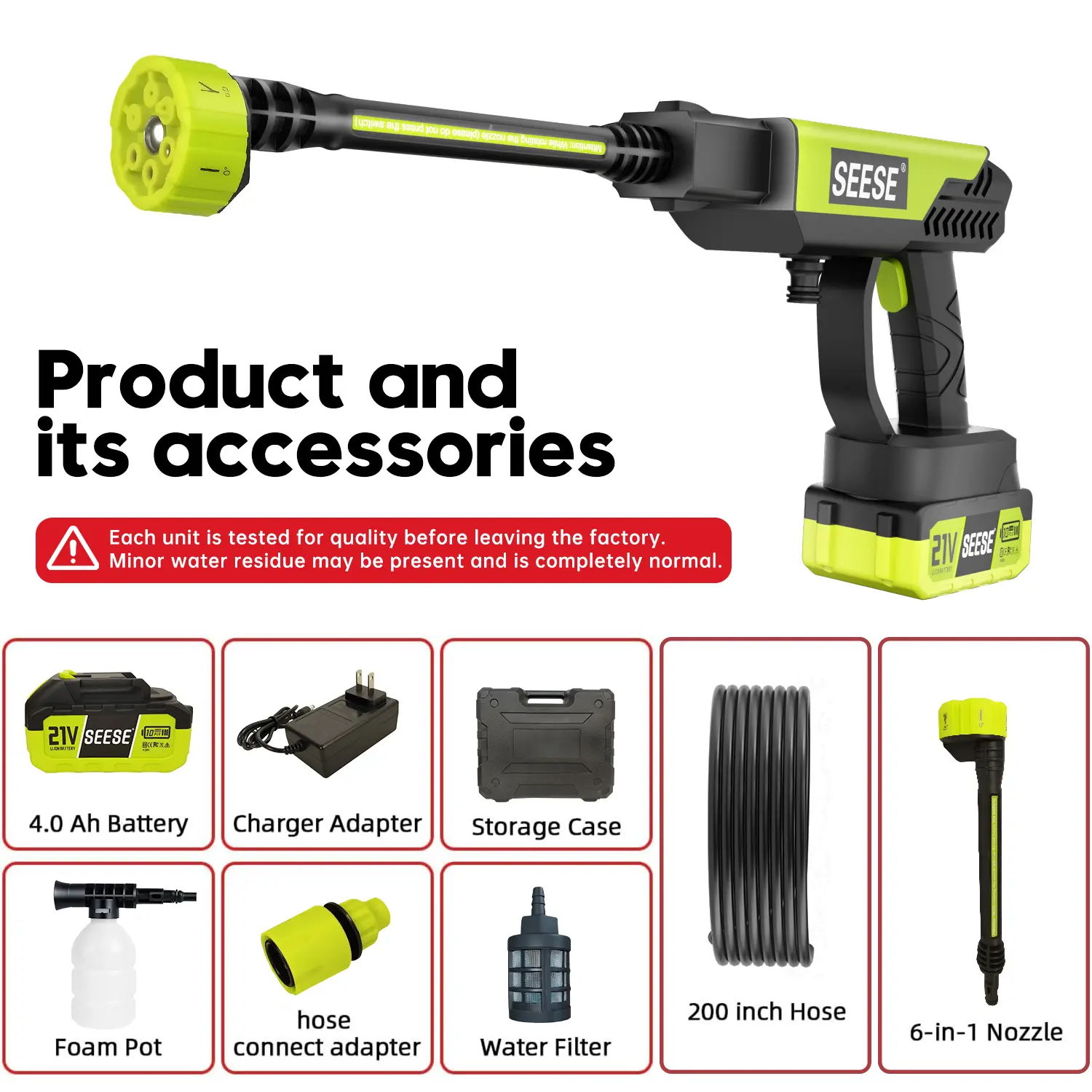 Portable pressure washer accessories battery charger storage case foam bottle filter hose and nozzle