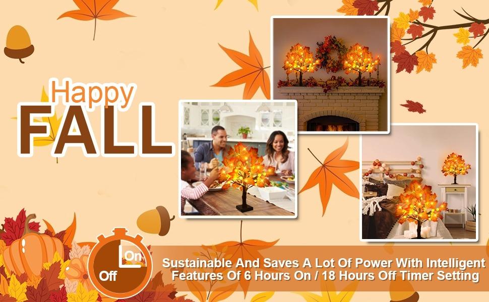 2-Pack 18-Inch Prelit Maple Trees Fall Decoration, 48 Pumpkin LEDs with Timer, Battery-Operated Bendable Twigs, Cozy Decor for Table Mantle Thanksgiving Indoor Outdoor