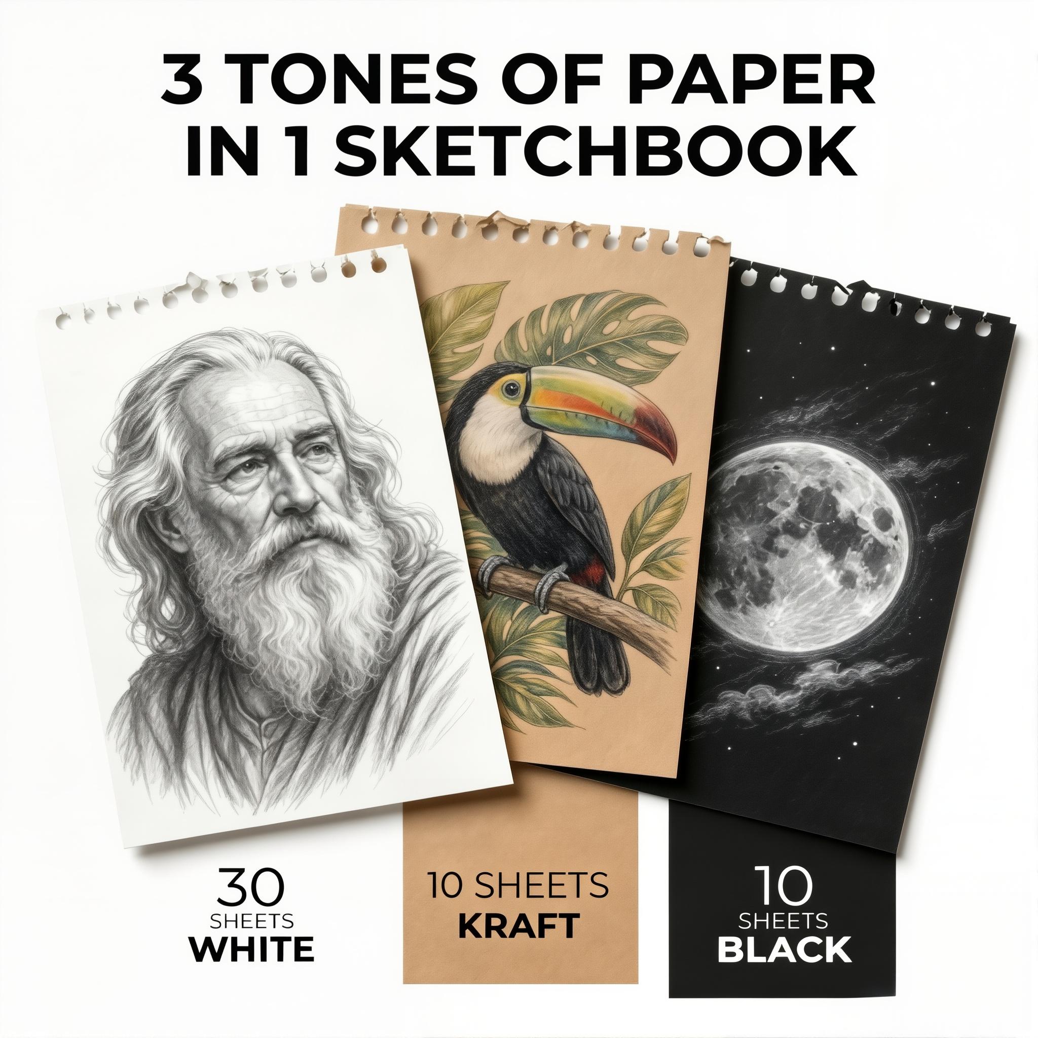 【Art Gift】 Four Candies 50 Sheets Triple-Tone Sketchbook (6.5"x9.5", White/Kraft/Black Mixed Pages), 130gsm Thick Multimedia Paper Top-Bound Art Drawing Pad