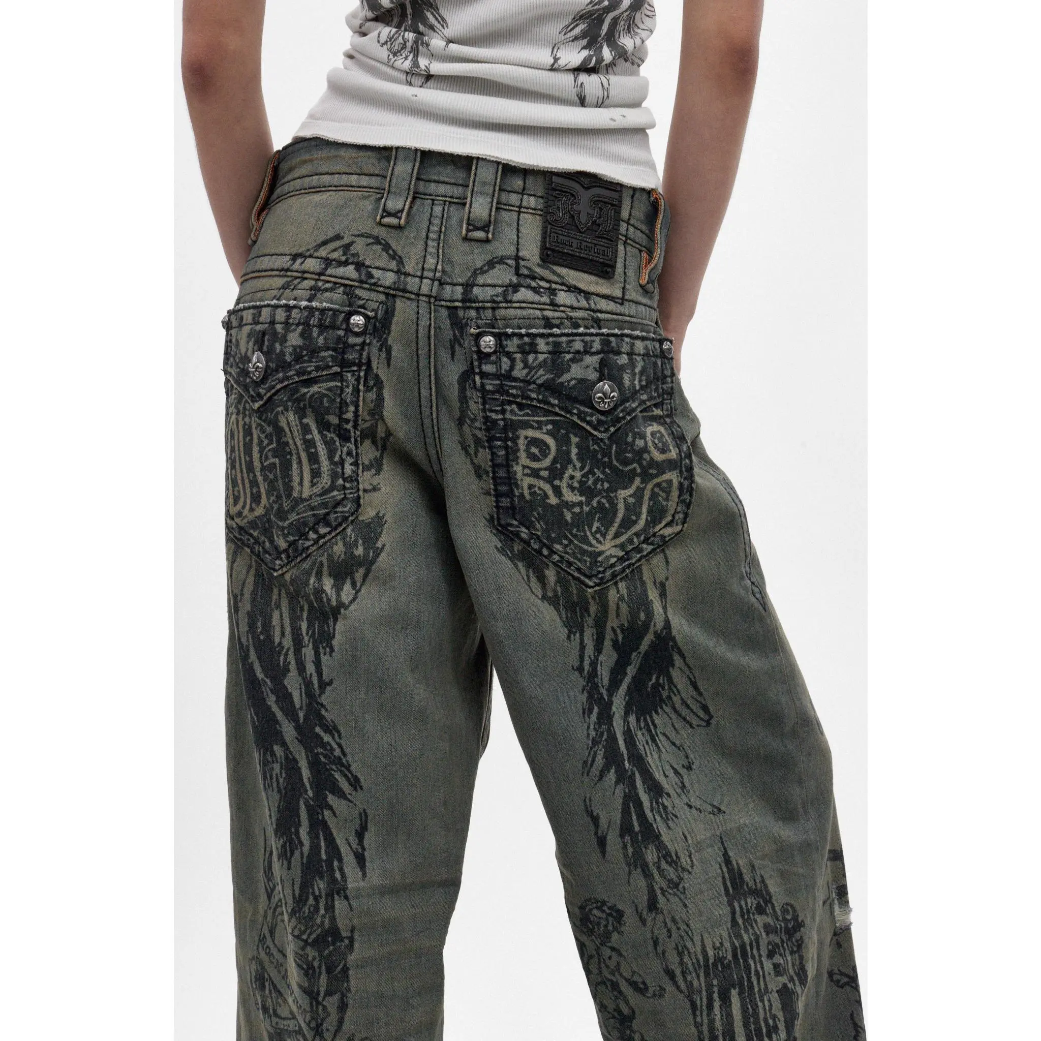 Rock Revival by Jaded London Colossus Women's Baggy Denim Jeans - Women's Bottoms, Faded Blue Cotton, Embroidered Pocket, Loose Baggy Fit, Lightweight, Embroidery Accent, Vintage, Oversized, Leather, All Seasons, Nineties Jeans, Ultra Baggy Jeans