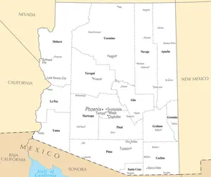 Map of Arizona AZ - County Map with selected Cities and Towns - Peel and Stick Wall Decal
