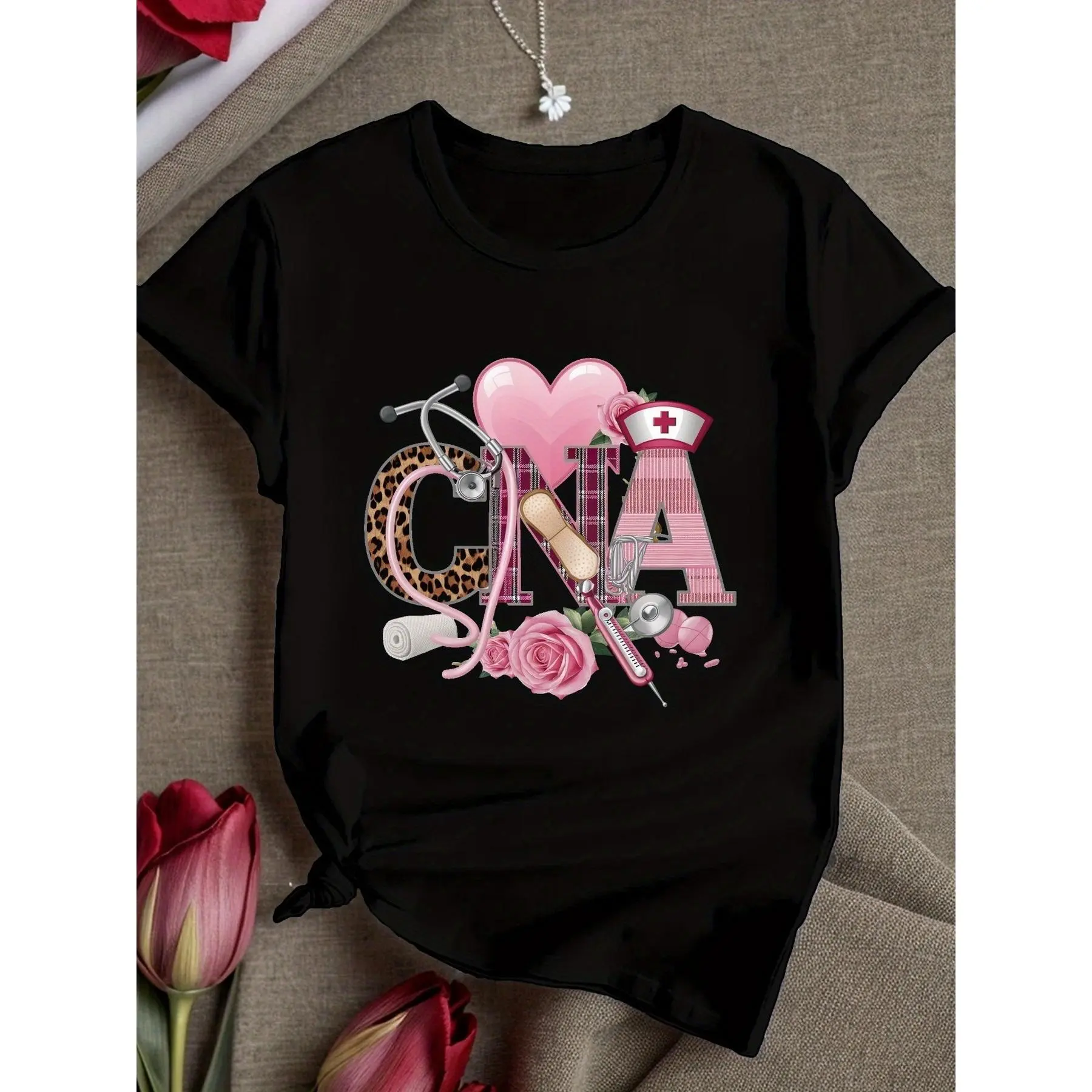 Women's 180g Cotton Crew Neck Short Sleeve Casual Top - Black, Printed CNA Graphic with Heart, Stethoscope, Leopard Design, Certified Nursing Assistant Appreciation Gift, Round Neck