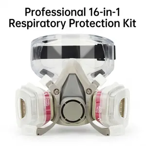 16 in 1 Dual Respirator Gas Mask Set Reusable Full Face Safety Mask with Double Filter & Goggles Anti Dust Anti Gas Chemical Protection for Spray Paint Welding Woodworking Grinding Construction Industrial Work Respirator
