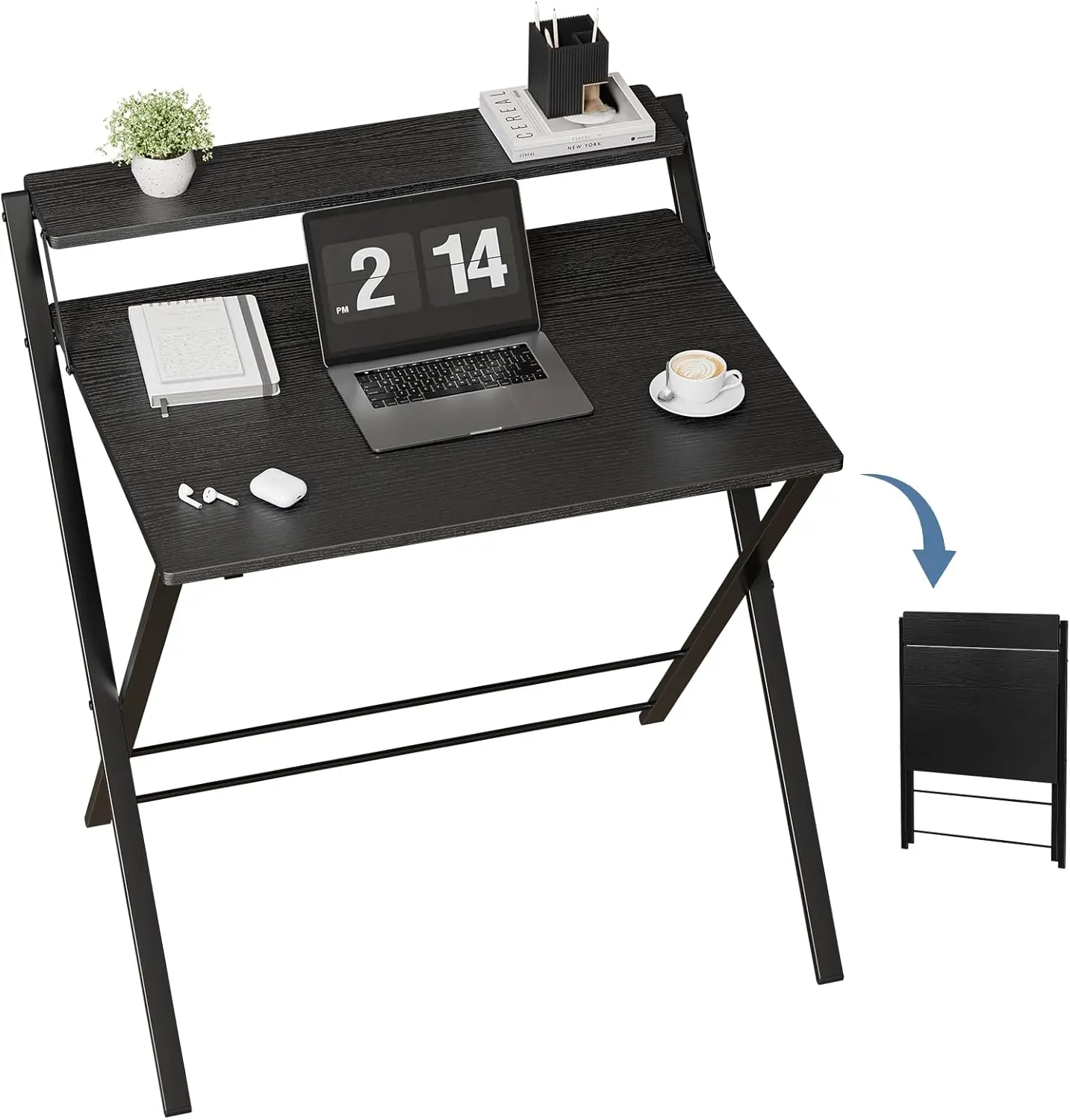 Folding Desk No Assembly, Sturdy Computer Desk for Small Spaces | Portable Foldable Table for Laptop, 2-Tier Compact with Shelf, Space Saving for Home Office, Dorm, Apartment