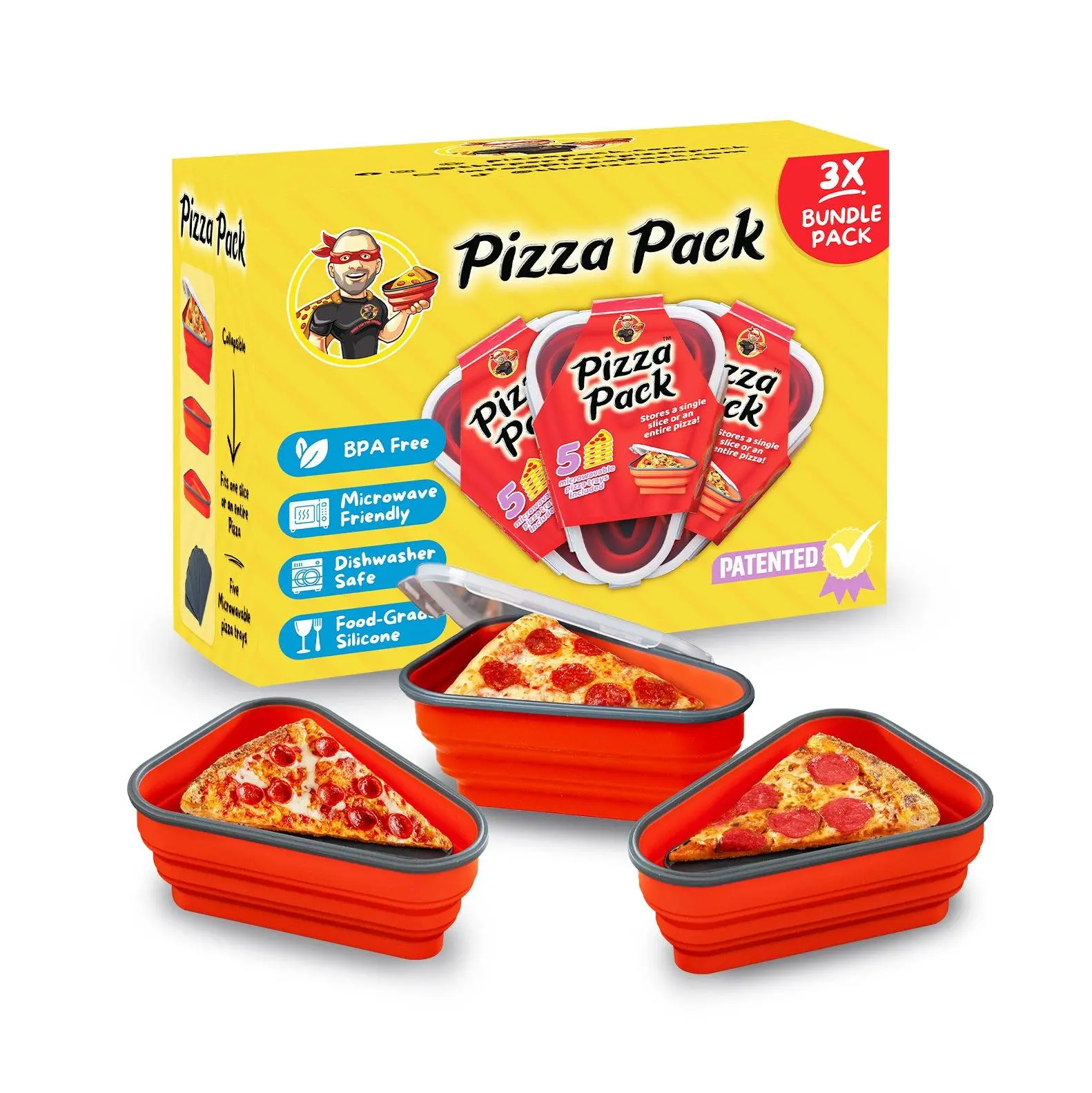Pizza Pack Reusable BPA-Free Silicone Kitchen Storage Multipacks - Airtight-Seal Containers with Microwavable Trays, Red Refrigerator Organizer, Food-Safe Food Containers