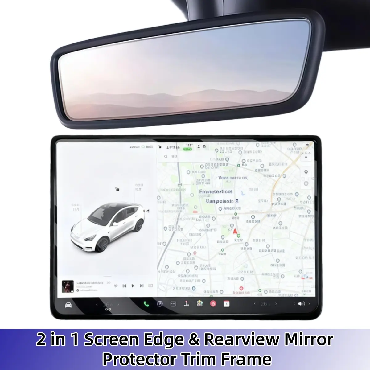 Elegant Secure Silicone Car Interior Moldings Set - 2-Pack Screen Edge, Rear View Mirror Protector Frames & Center Console Decor, Comfortable Fit for Tesla Model 3 2017-2025 Highland/Model Y 2019-2025 Juniper, Black/White, 1 * Rearview Mirror Protector Tr