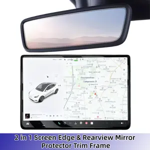 For Tesla Model 3 2017 - 2024 2025 Highland / Tesla Model Y 2019 - 2023 2024 2025 Juniper 2PCS Silicone Car Screen Edge and Rear View Mirror Protector Frames Cover Interior Decorations, 2 Pack Car Center Console Decor Accessories Set, Black/White