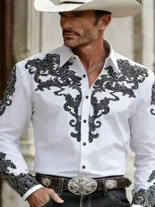 Mens Western Style Cowboy Shirt All Seasons Paisley Print Ethnic Long Sleeve Casual Shirt