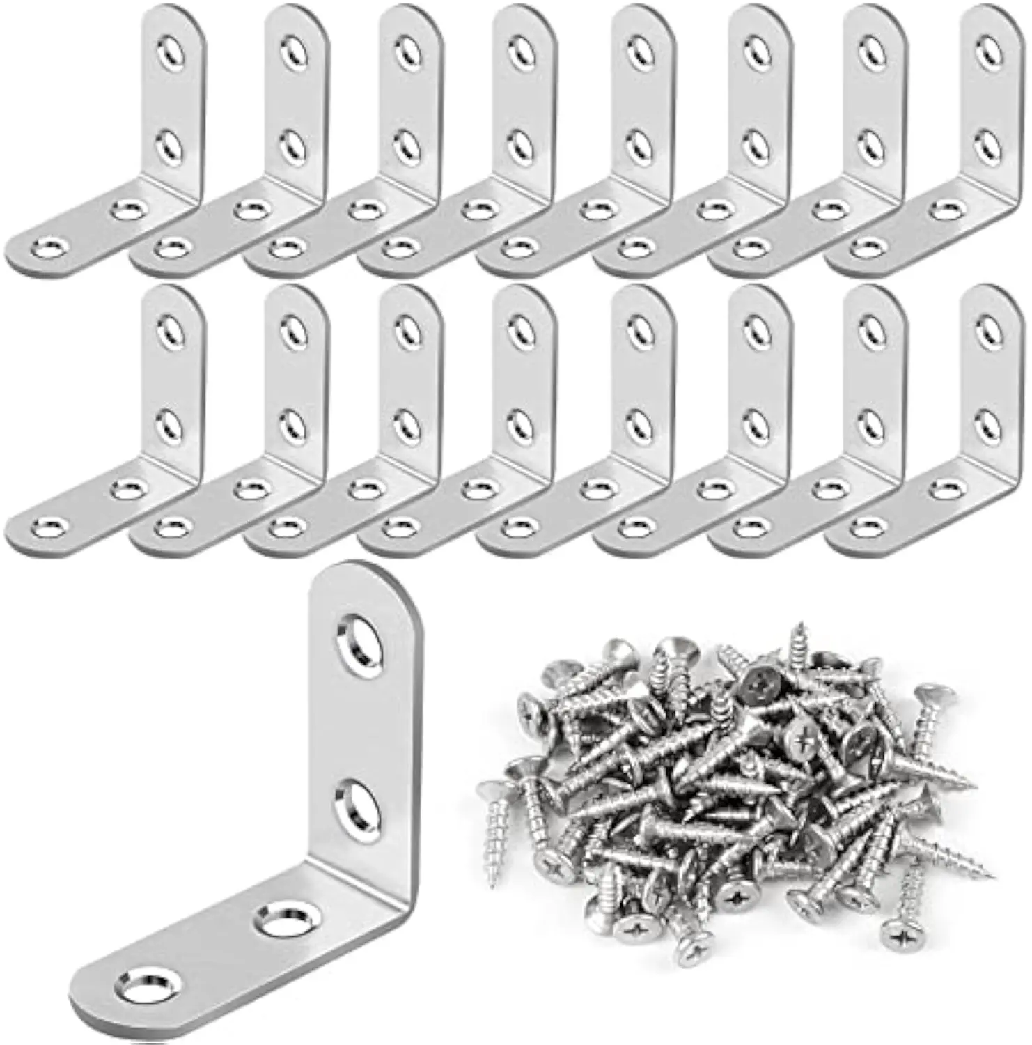 16 Pcs L Bracket Stainless Steel Corner Brace Sets, 90 Degree Right Angle Brackets with 64 Pcs Screws, L Bracket Firmware for Wooden Shelves, Chairs, Tables, Dressers, Furniture (Silver)