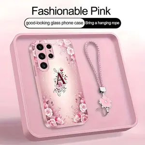 Suitable for [Galaxy S23 Ultra] high-end women's phone case🤩，a beautiful four-leaf clover lanyard is included🍀，a free four-leaf clover lanyard is included, with 26 letters of the alphabet to choose from and  exquisite Rose flower patterns 952