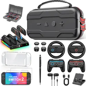 BEBONCOOL for Nintendo swtich 2 Accessories Kit 11 in 1, Family Accessories Bundle for Switch2/Switch/OLED with Storage Bag, Steering Wheel, Controller Grips, Screen Protector, Game Card Case,Earphones, tempered glass, handle charging stand,Dual-tip pen