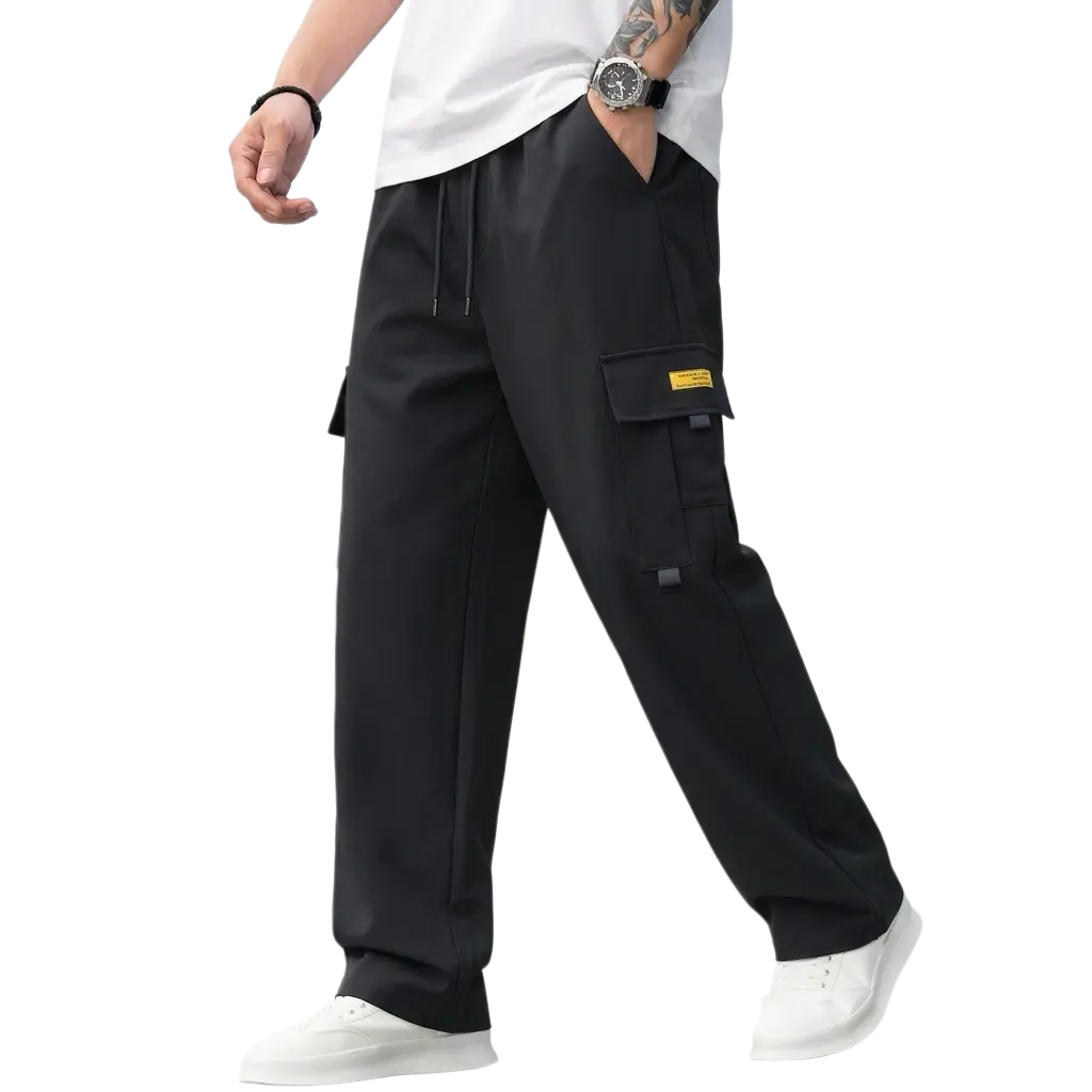 Men’s casual solid-color athletic pants — casual cargo pants with multiple flap pockets, a drawstring waist, polyester fabric, outdoor work pants, running pants, camouflage casual cargo pants with pockets — 100% polyester, non-stretch solid color, regular
