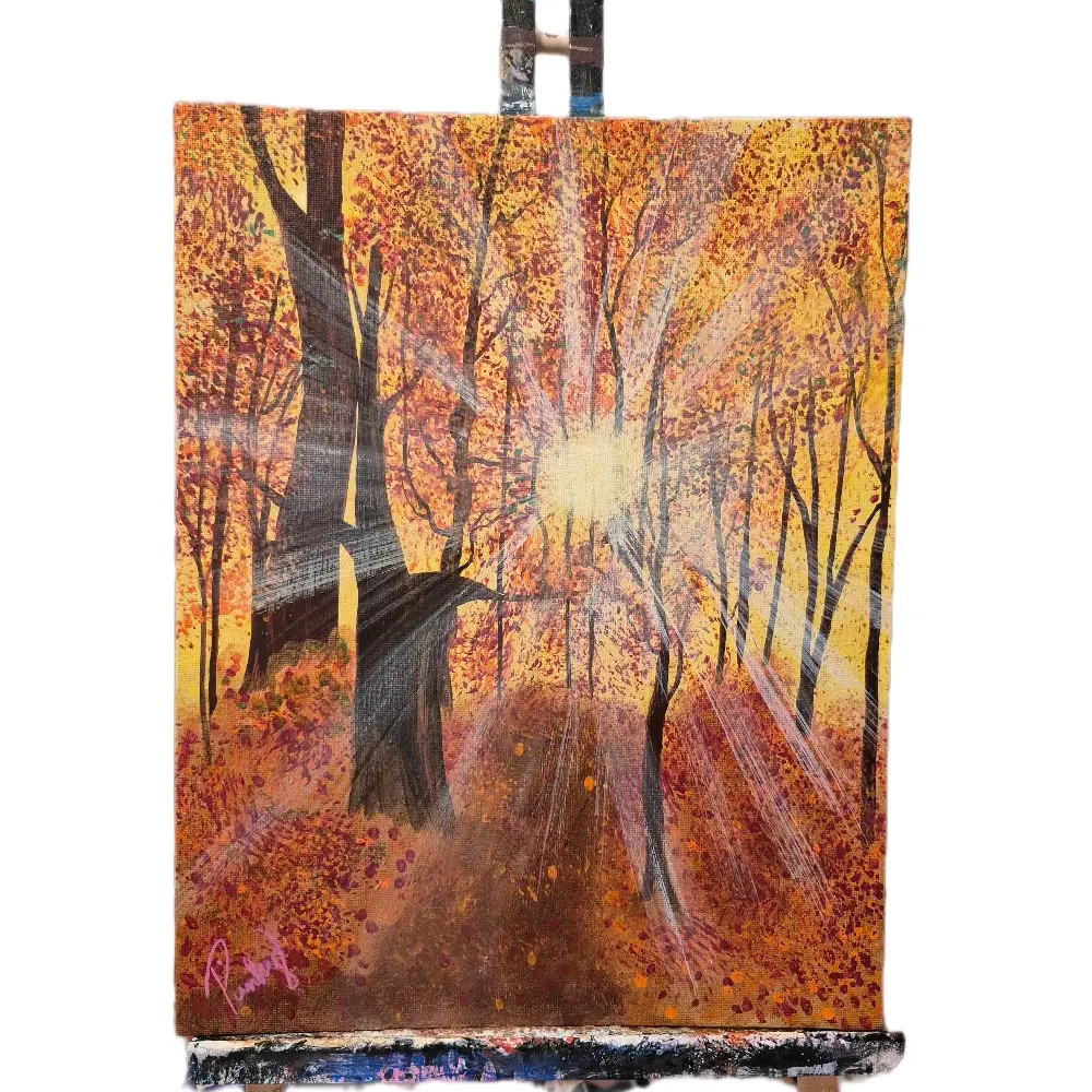 Fall Forest Acrylic Painting 11X14 Canvas Board with Vibrant Autumn Colors and Detailed Tree Silhouettes