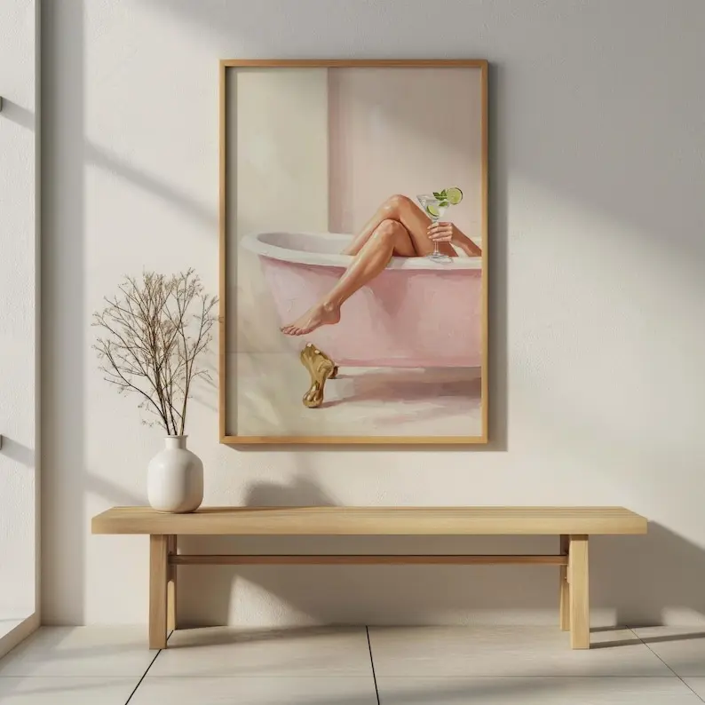 Preppy Bathroom Wall Art | Pink Bathtub Martini Print | Self Care Poster | Glam Cocktail Decor | Fashion Illustration | Girly Apartment Gift