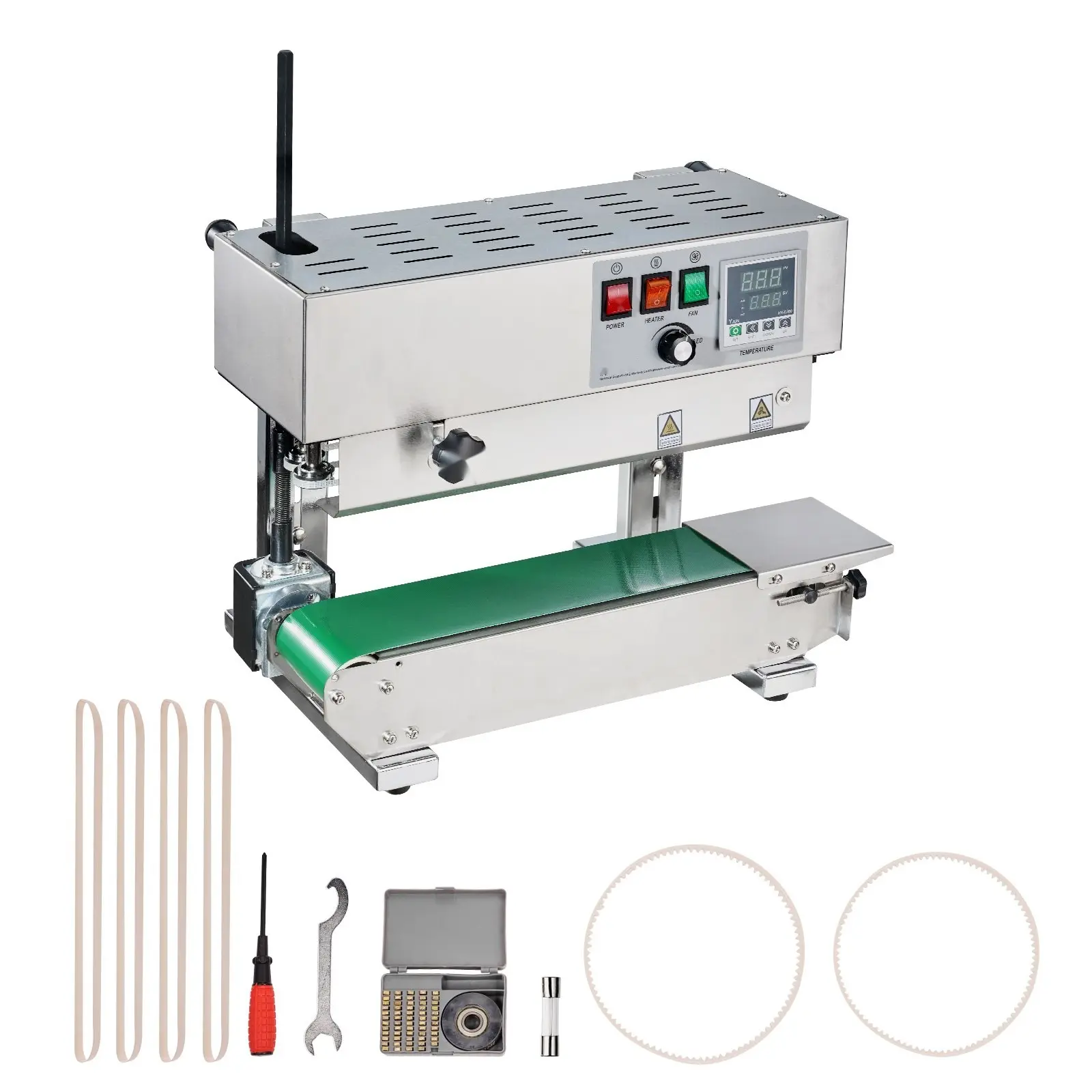 Continuous Bag Sealing Machine With Vertical Band Sealer, Stainless Steel Construction For Poly Bags, Heat Sealing And Band Seal In One Pass, Adjustable Temperature, Speed, And Sealing Time For Commercial Use