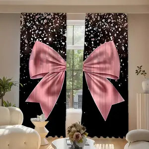 2pc Sweet Cool Bow Curtains, Privacy Grommet Curtains, Block, Bedroom Living Room Balcony Kitchen Shower Window Decor, Fashion Home Decoration
