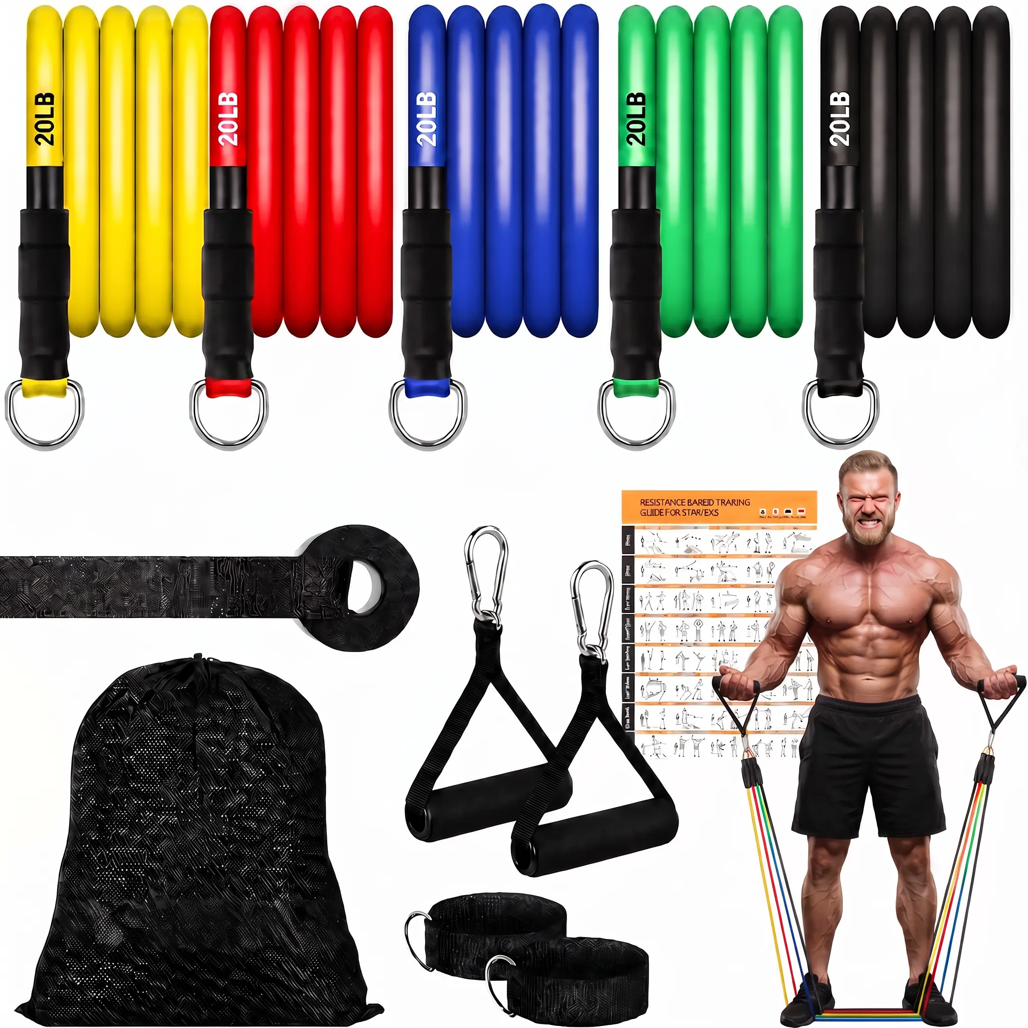 Adjustable Resistance Bands with Handles (15-150 lbs) for Men & Women, Ideal for Strength Training & Home Gym Fitness, Bonus Elastic Loop Included