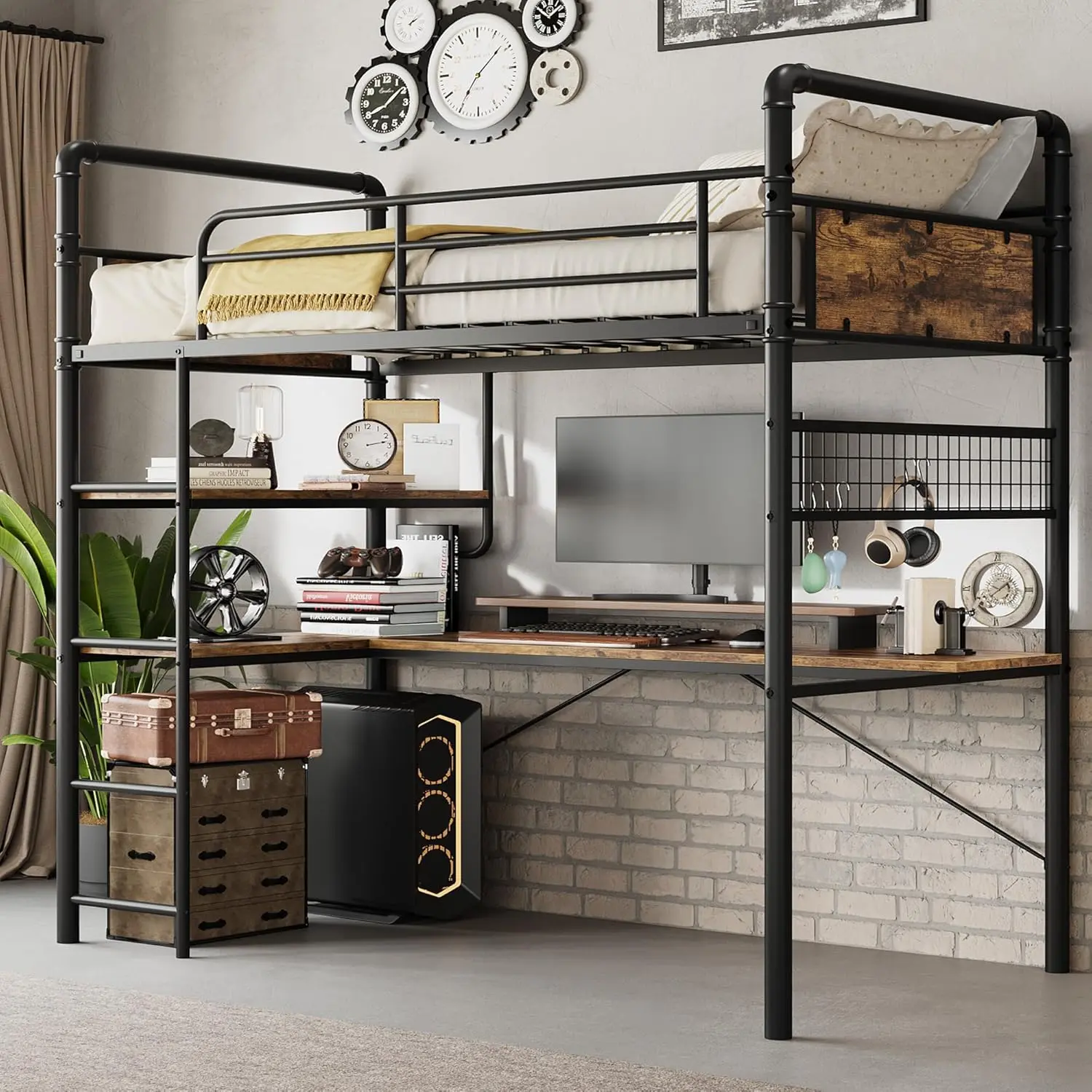 Loft Bunk Bed with L-Shaped Desk, Twin Loft Bed with Desk Underneath, Metal Bunk Beds with High Guardrail and Ladder for Kids/Teens/Adults, Easy Assembly, Vintage Brown