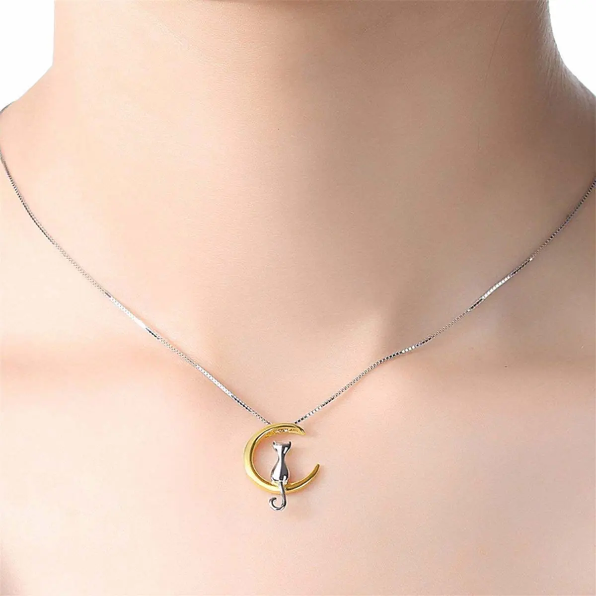 Minimalist Cat on Moon Necklace, Unisex Metal Pendant Jewelry with Synthetic Gemstone, Birthday Gift, Casual, Adults, Simple, Daily, Gemstone Accent, Elegant, Synthetic/Simulated Coloured Gemstone