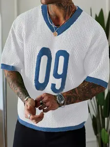 Men's Summer Sport Style Knit Sweater with V-Neck Breathable Hollow Digital Design Football Shirt, Loose-Fitting Apparel for Active Wear