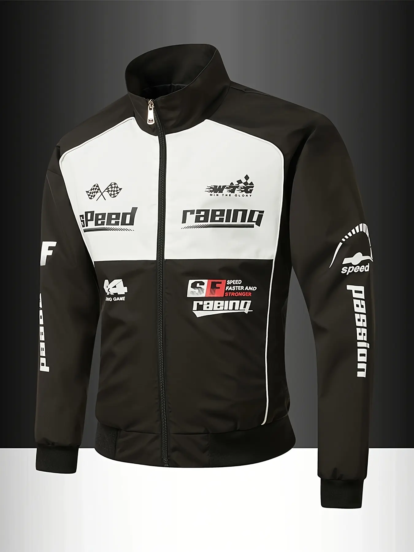 Vintage racing graphic moto jacket | Black/white F1-style stand collar streetwear windbreaker, men’s vintage F1 racing graphic print jacket, black/white color-block stand collar full-zip moto biker Y2K streetwear casual windbreaker outerwear coat for men