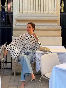 Summer New French Polka Dot Stand Collar Chiffon Shirt, Tie Butterfly Knot Loose Lantern Sleeve Blouse, Chic Versatile Top