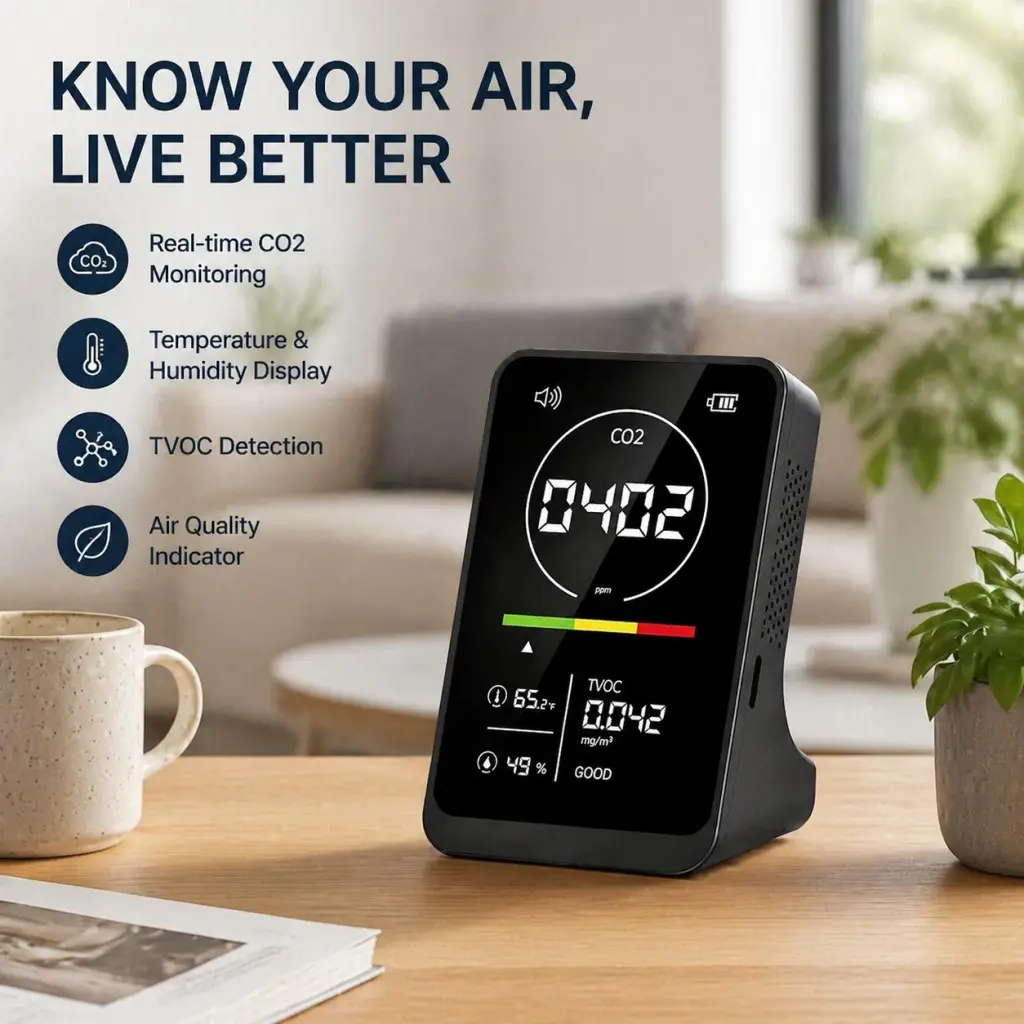12-In-1 Smart Air Quality Monitor, Digital Co2 Detector, Multi-Functional Gas Tester, Real-Time Indoor Environment Sensor for Office, Home, Hotel