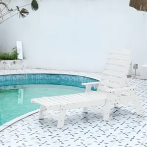 5-Position Oversized HDPE Chaise Lounge | Wood Grain Outdoor Lounge Chair with Wheels & Cup Holder, White for Poolside