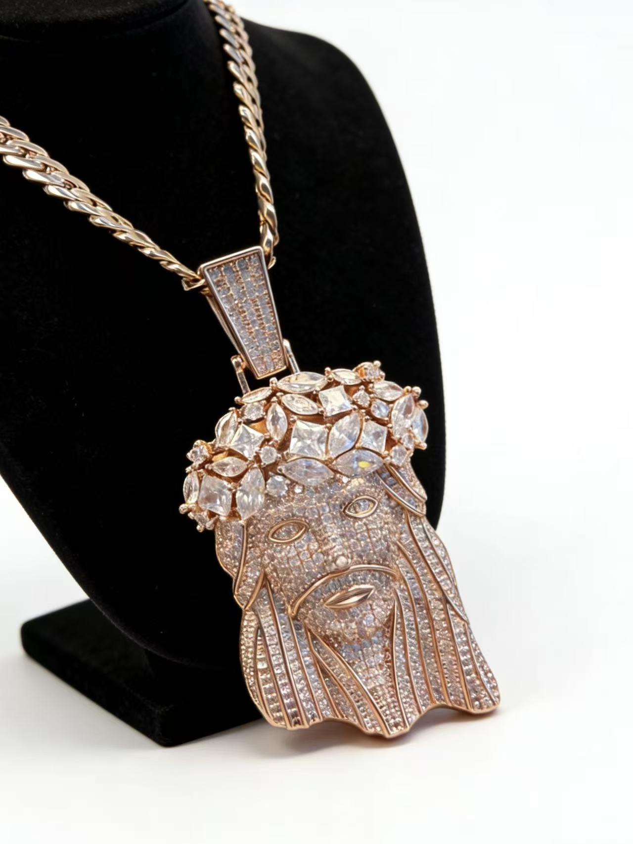 18K rose gold 10mm Cuban necklace with rose gold Jesus gemstone pendant